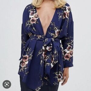 Pretty Little Thing Navy Floral Print Tie Waist Blouse